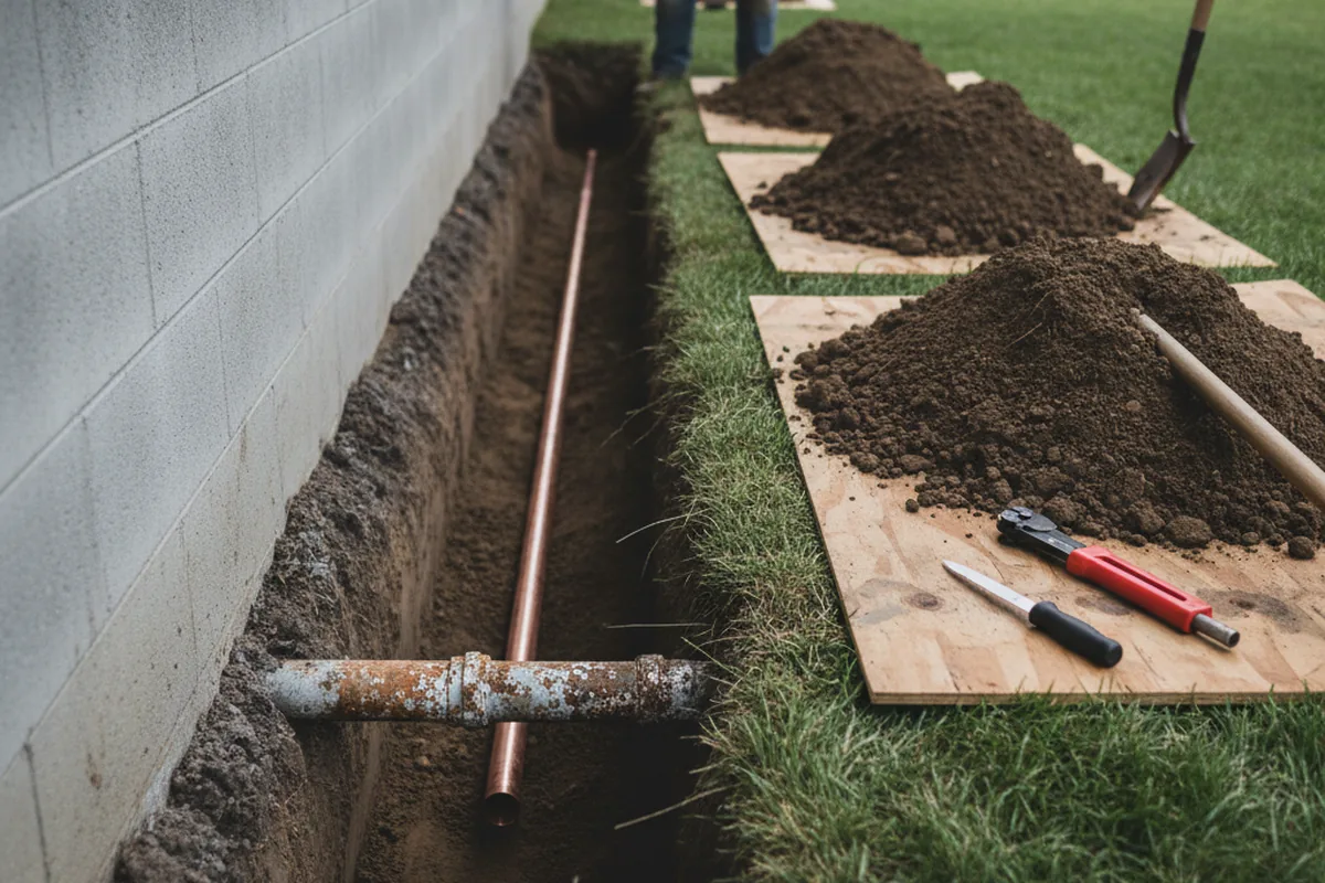 Excavated water line trench during Water Heater Repair in Mentor